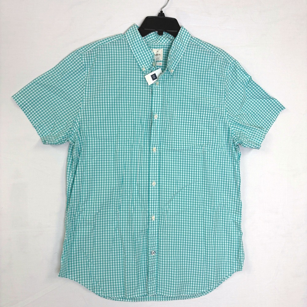 Gap Lived-In Mens XL Teal Gingham Plaid Short Sleeve Button Down Shirt NEW